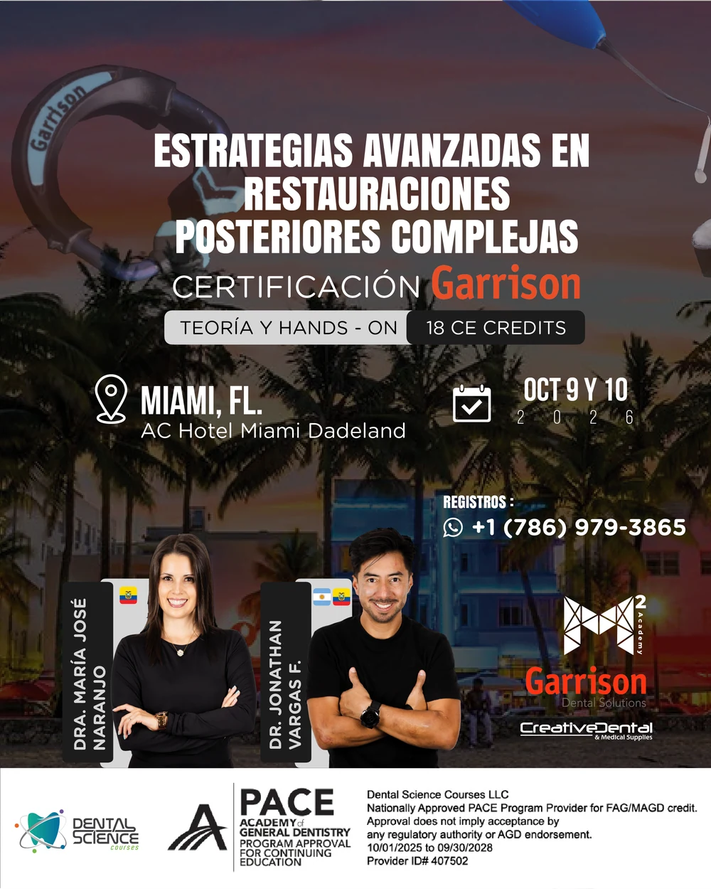 Flyer oficial · Estrategias Avanzadas en Restauraciones Posteriores Complejas · Certificación Garrison · Miami 9 y 10 oct 2026